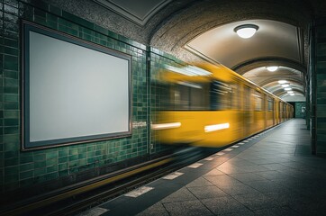Fototapeta premium Blurred yellow subway train speeding past a blank advertising billboard on a dark, moody underground station platform