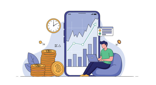 Young man sitting in bean bag chair using laptop with smartphone background showing crypto charts and bitcoin coins.