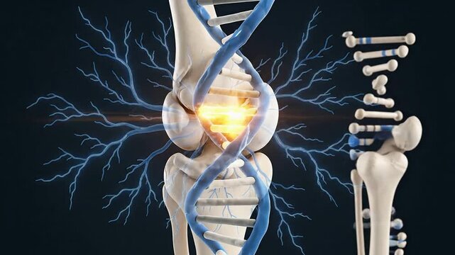 Intricate DNA Connection with Human Skeletal Structure Featuring Glowing Neural Energy Emanating from the Knee Joint in a High-Tech Visualization