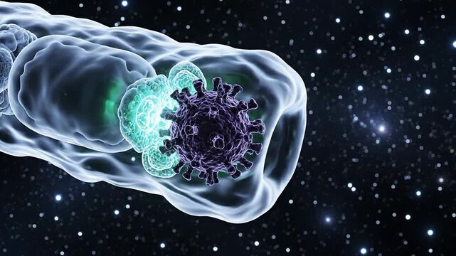 Intricate Interaction Between Bacterium And Virus In A Cosmic Background Highlighting Microbiology And Health Concepts