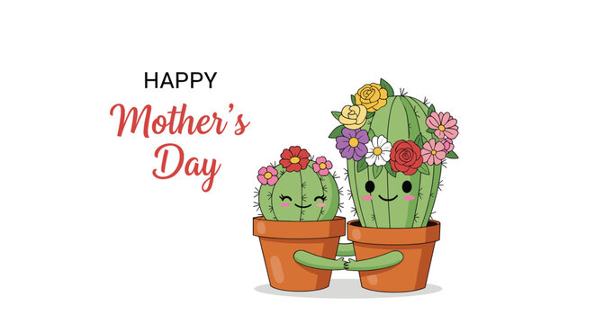 Two cute cactus characters in clay pots hugging each other with flowers for festive Happy Mother's Day card design.