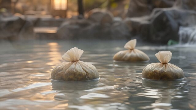 Herbal bath bags floating in steamy hot spring pool with soft ambient light.