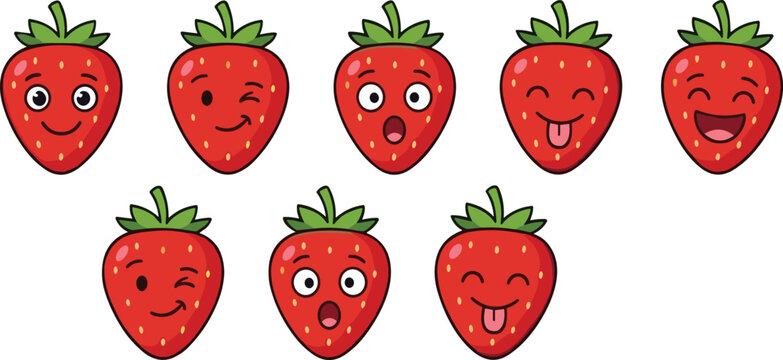 Cute strawberry emoji face vector illustration set