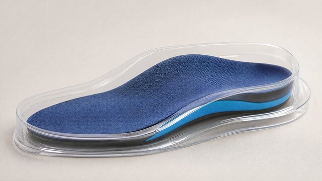 Orthopedic shoe insert inside a clear mold, showing arch support.