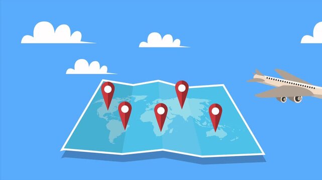 Animation of airplane flying over world map with location pin pointers and blue sky background.