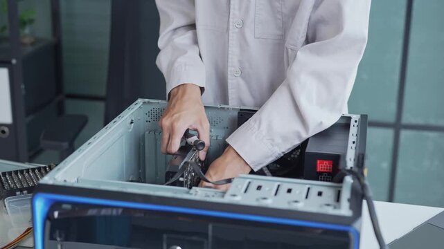 Asian man using screwdriver maintenance computer