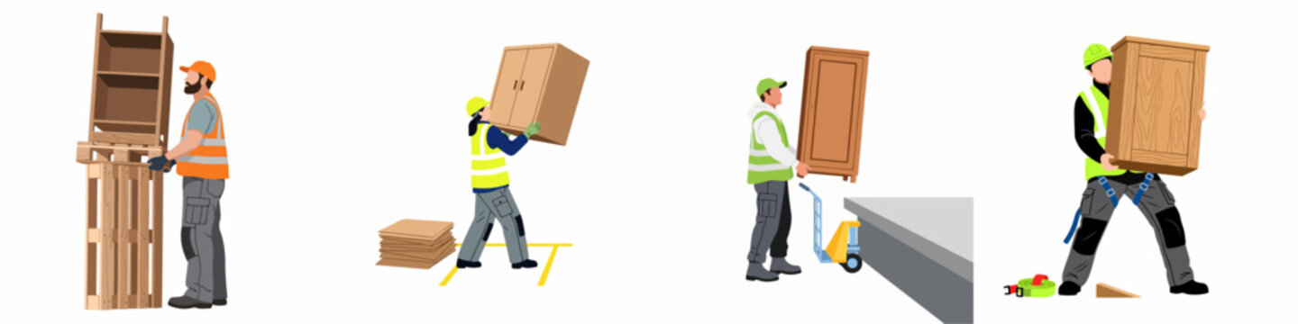 Flat vector illustrations of warehouse workers and movers performing various manual handling tasks with furniture and equipment on a white background.