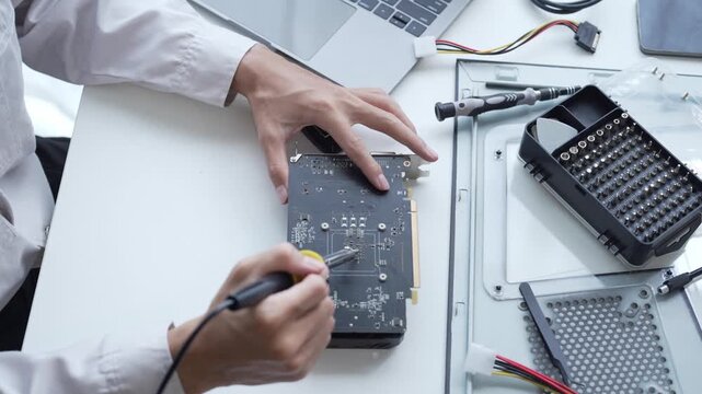 Computer engineer using a soldering iron fix graphic card
