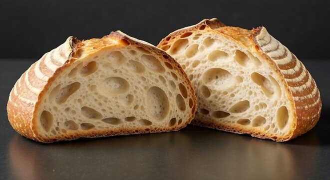 Freshly baked sourdough bread roll with a golden, crispy, bubbly crust, cut open to reveal an airy, chewy crumb. The bread has a soft and fluffy texture inside