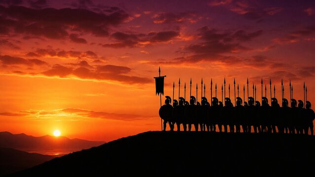 Silhouette of warriors in phalanx formation against a dramatic sunset.