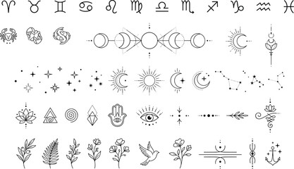 Simple line art mystic symbols bundle decorative sun stars horoscopes moon phase elements for minimal tattoo design © MSTNAJMA