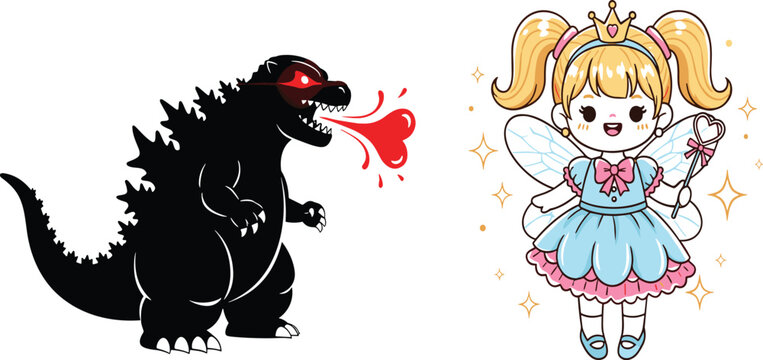 Cartoon monster versus fairy, fantasy magic character illustration