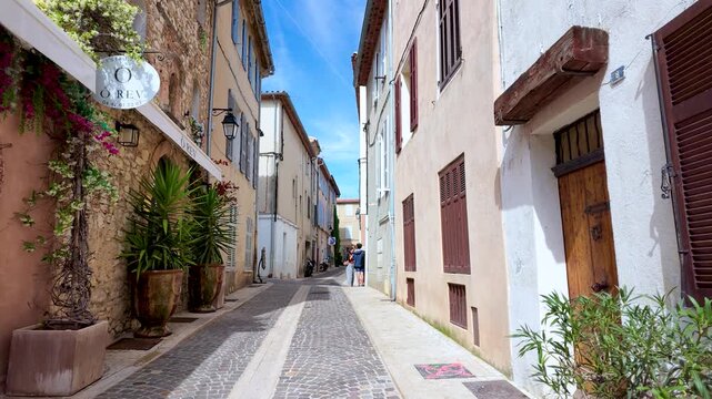 Narrow Cobblestone Street with Potted Plants in Cassis France