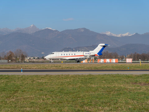Ryanair Bombardier Challenger 3500 takes off at BGY Milano Bergamo international airport