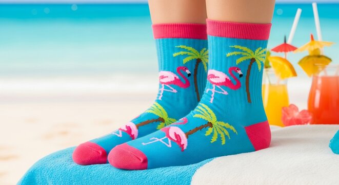 a pair of tropical vacation socks. The socks have vibrant flamingo and palm tree motifs in white thread stitching. The pair of socks are laid on a sandy beach towel with ocean and tropical drinks