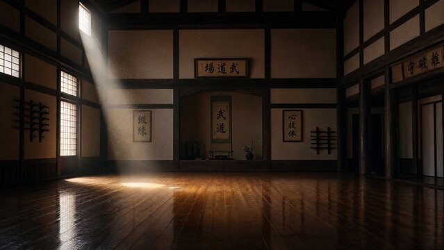 Interior of a traditional dojo with polished floors and a beam of sunlight illuminating dust.