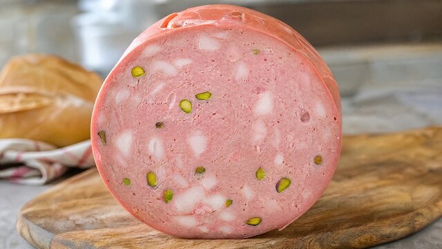 Cut slice of mortadella on wooden board, pink meat with white fat and green pistachios.