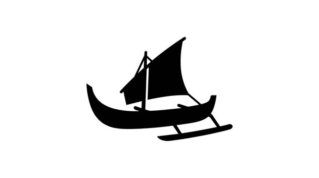 Black silhouette of a traditional outrigger canoe with sail.