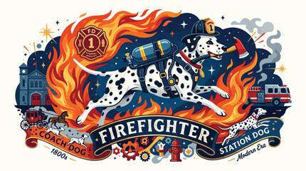 Obraz premium Vibrant illustration of a Dalmatian fire dog running through flames with a firefighter banner on a white background with a playful and adventurous mood.