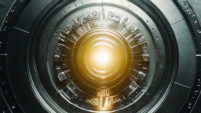 Metallic vault door featuring intricate circular design and advanced components, illustrating concepts of security, technology, and futuristic engineering
