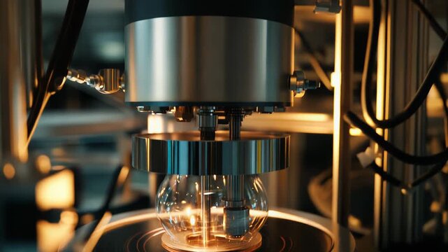 Advanced scientific apparatus performing a precise process involving glass containers and intricate mechanics, highlighting research, development, and innovation in a controlled environment