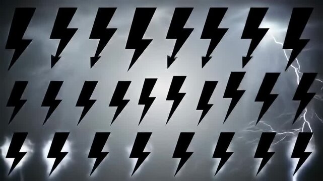 Black lightning bolt silhouettes overlaid on a stormy, cloudy sky background