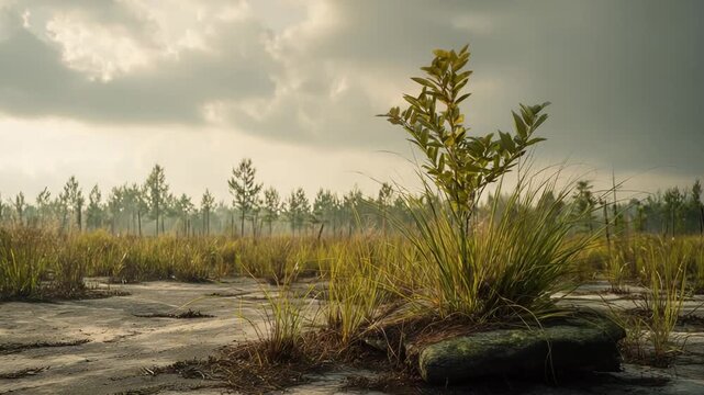Resilient young tree with green leaves and surrounding grasses thrives on a textured rocky ground, demonstrating growth and perseverance against a distant line of pine trees and an atmospheric sky