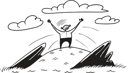 A cartoon pig stands on a hill with arms raised in triumph under a cloudy sky. © Abdul