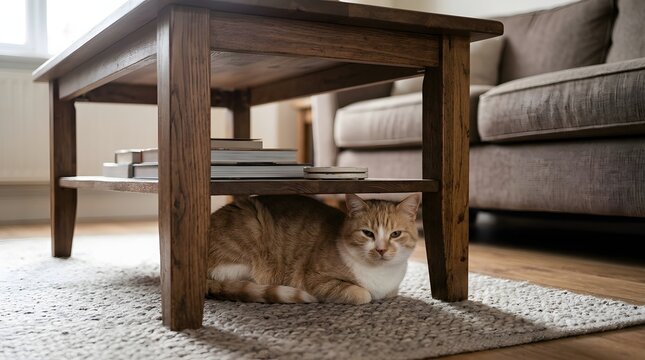 Ginger tabby cat hiding underneath rustic wooden coffee table in cozy living room interior
