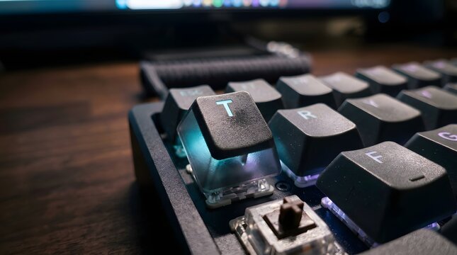 Close up of a custom gaming keyboard with colorful backlighting and mechanical switches
