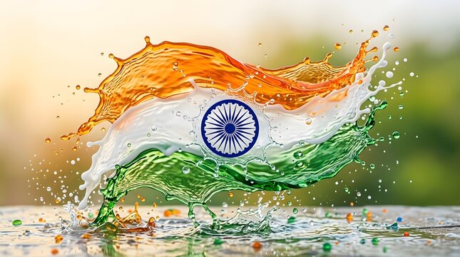 Indian flag water splash vibrant republic day concept with national symbol and dynamic fluid motion