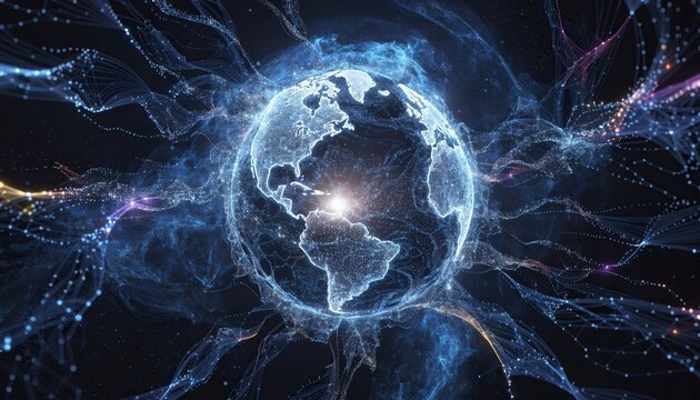 World map on a technological background, glowing lines symbols of the Internet, radio, television, mobile and satellite communications.Global network connection 