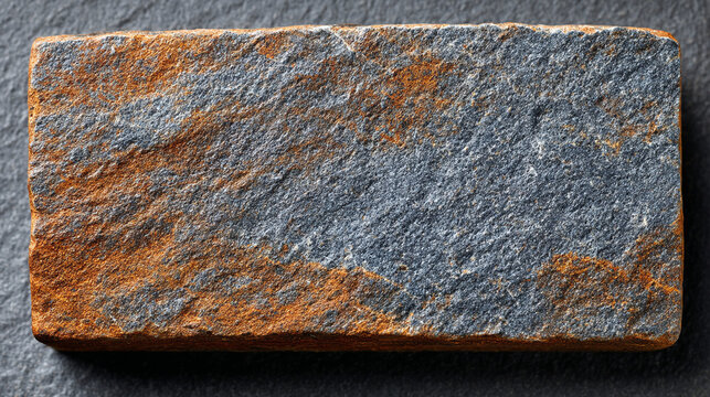 Close up of a textured rectangular stone block with natural rust and grey mineral deposits, material