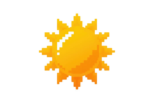 Pixel art sun icon representing summer, heat, and warm weather design element with a glowing effect
