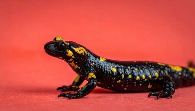 A fire salamander on red background.