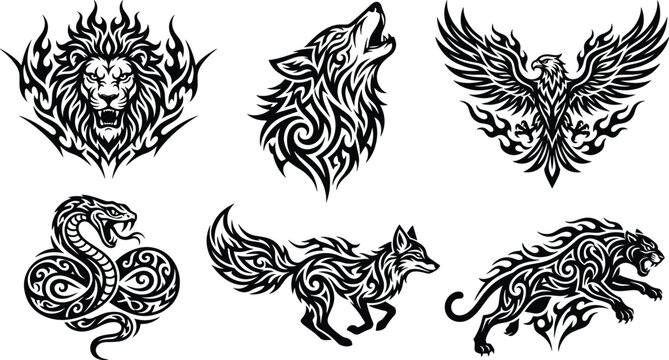 Tribal animal tattoo vector set featuring aggressive roaring lion howling wolf soaring eagle snake fox panther mascot silhouettes
