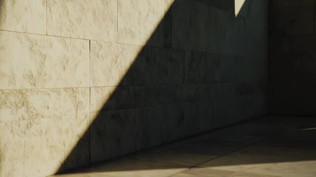 Light entering a minimalist indoor space, casting a sharp diagonal shadow across light beige tiled walls and reflective floor, highlighting texture and design