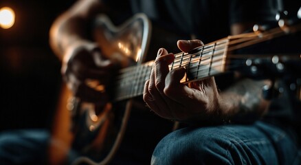 Fototapeta premium Close-up of a person playing an acoustic guitar with focus on the fretting hand and strings