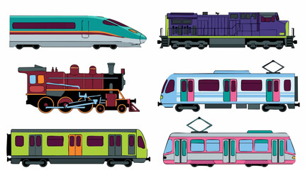 Diverse set of cartoon trains and trams: high-speed, diesel, steam, metro, light rail © Vision Plus Studio