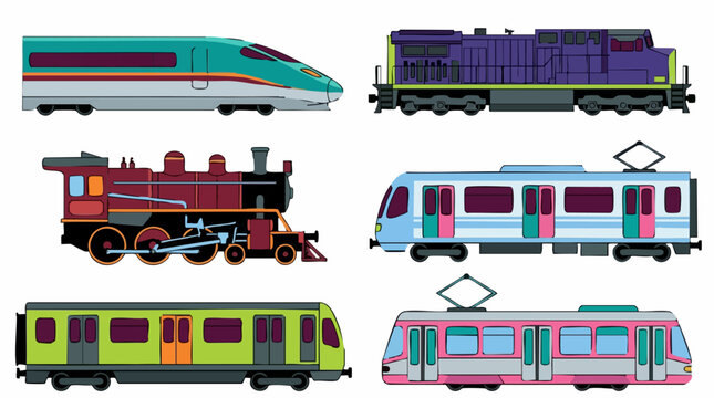 Diverse set of cartoon trains and trams: high-speed, diesel, steam, metro, light rail