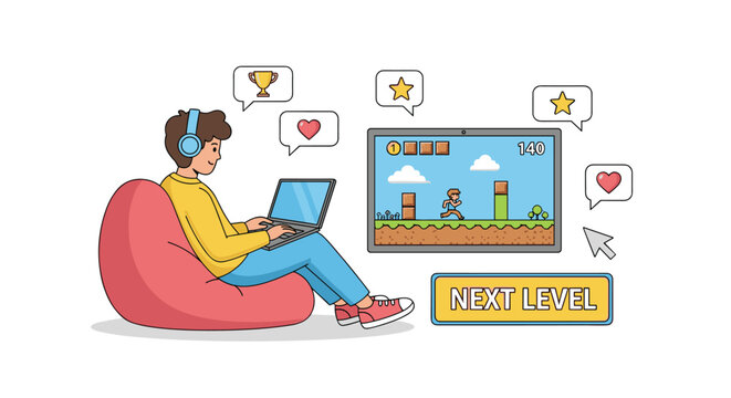 Young gamer wearing headphones sits on a beanbag and plays an exciting platformer game on a laptop at home.