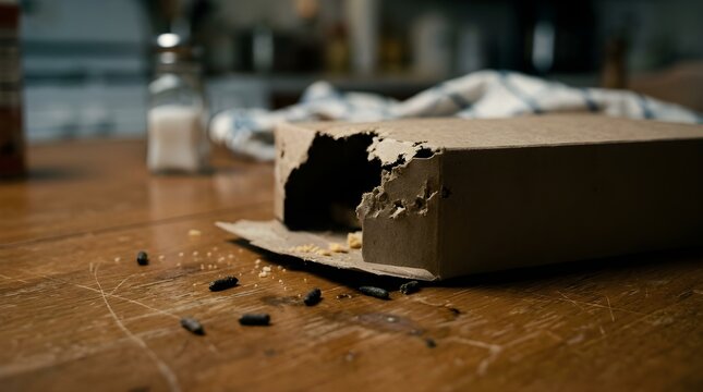 Rodent infestation with rat droppings and damaged cardboard box