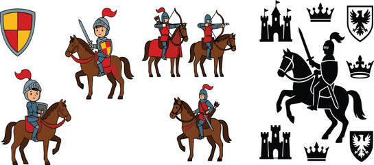 Fototapeta premium Medieval Knight and Horse Rider Collection with Heraldic Symbols Vector Illustration Set