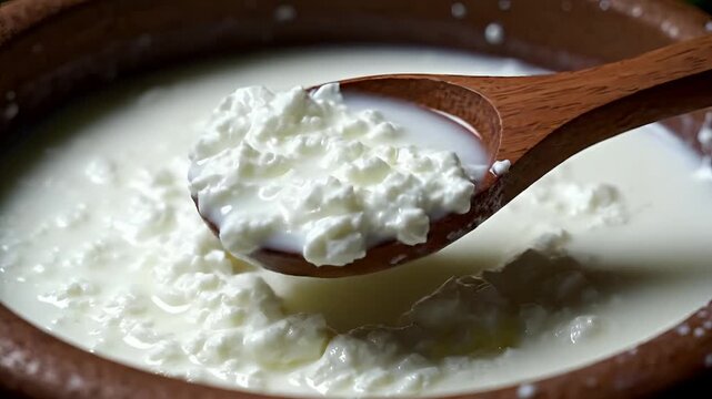 Closeup of Fresh Homemade Curd Being Stirred with Wooden Spoon.