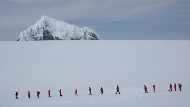 A group of people in bright jackets walk together over the vast white snow toward a tall mountain. The sky is gray and cloudy as they make their way through Antarctica.