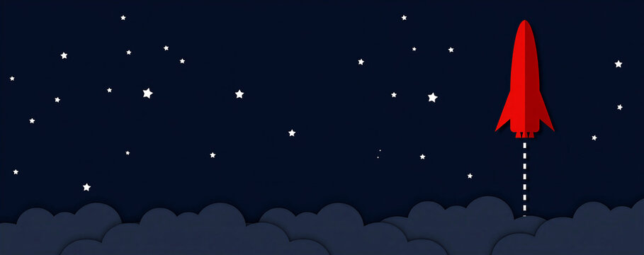 Bright red rocket launching into the starry night sky with clouds below and dreamy space adventure theme