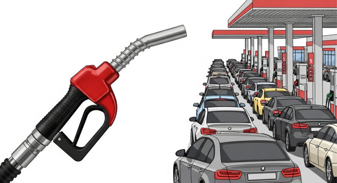 Gasoline pump nozzle in foreground with cars lined up at gas station.
