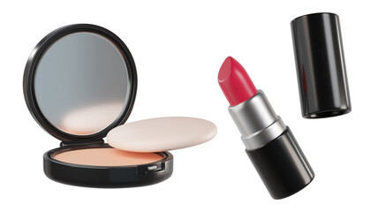 3d Cosmetic set with Black Compact Powder and mirror, makeup sponge, and opened red lipstick with cap. Luxury Beauty products isolated on background. Ideal for cosmetics, beauty, skincare, fashion, gl © Hannet