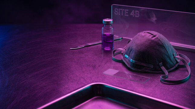 Atmospheric lab setting featuring a protective mask, scalpel, and purple reagent vial on a brushed steel surface. High-end lighting captures clinical precision and biosecurity protocols.