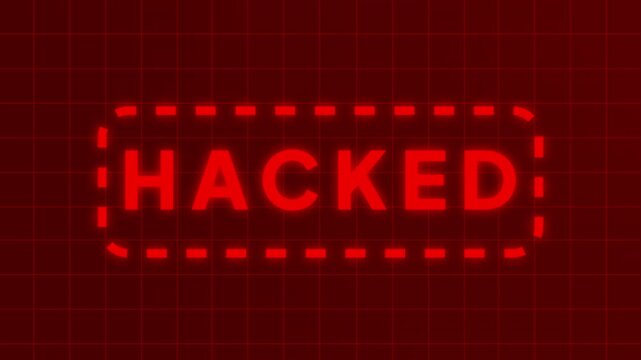Hacked Red Neon Text Animation on Futuristic Digital Grid Background, Cyber Security Breach Motion Design